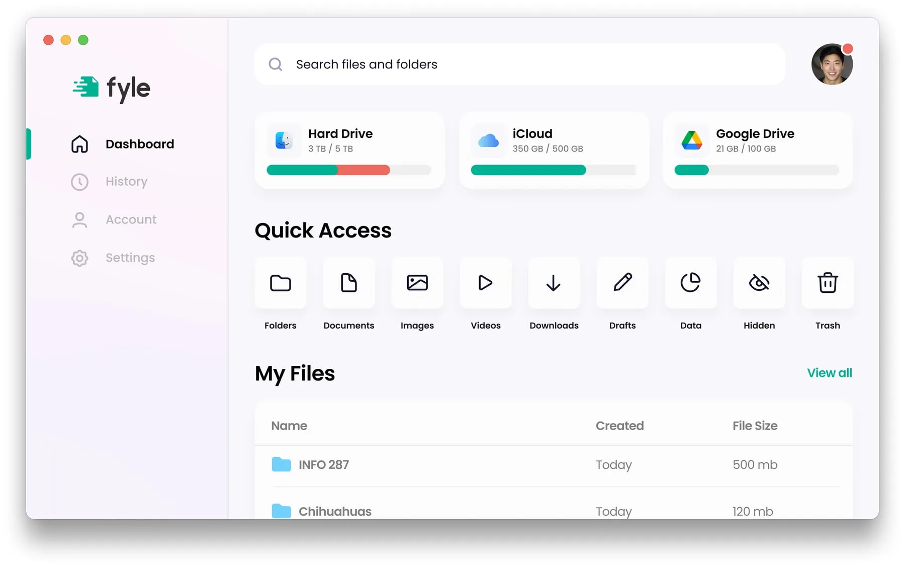 The Fyle desktop application showing an organised file collection with suggested groupings