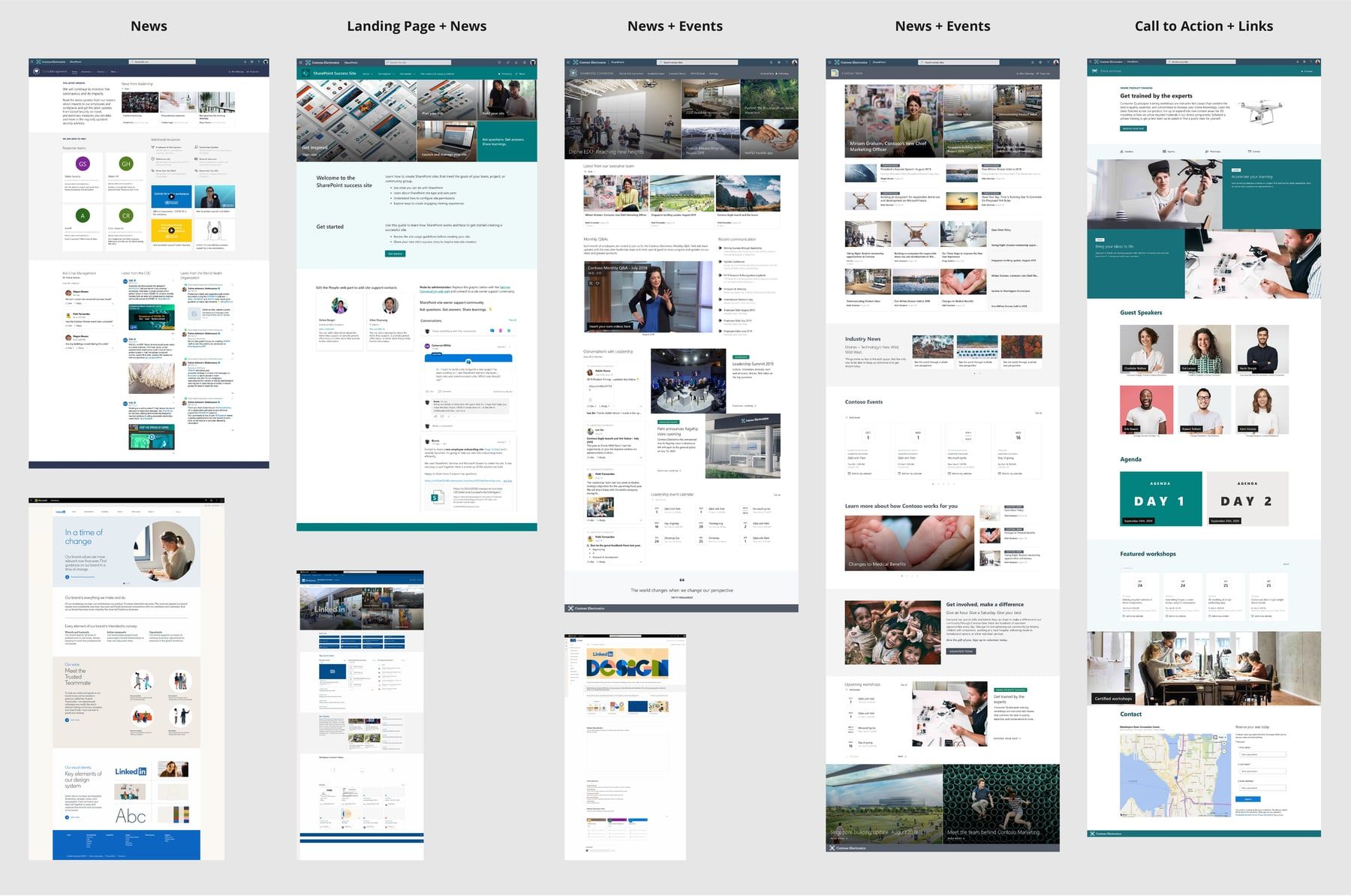 A wall of intranet page screenshots arranged as an audit grid, showing inconsistent layouts across dozens of pages