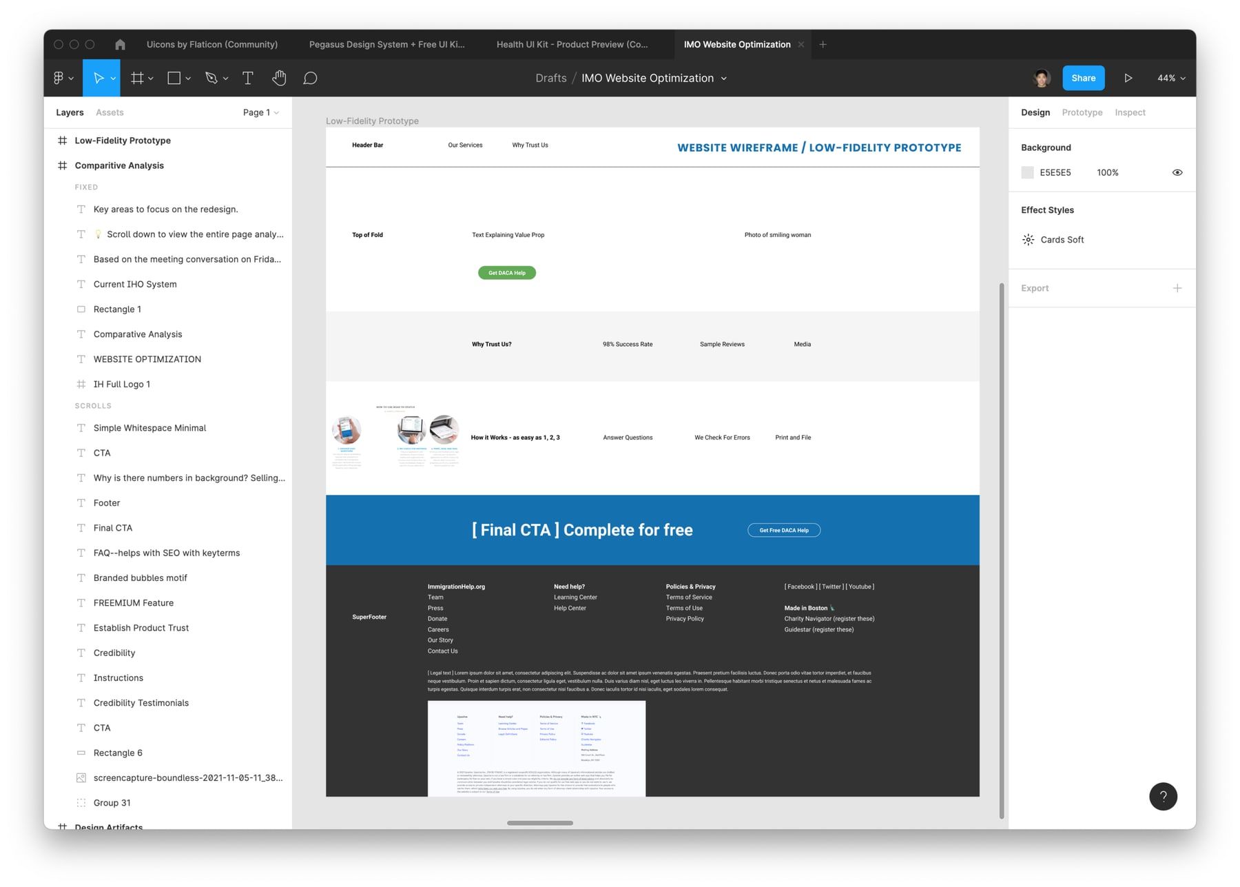 Low-fidelity prototype mockups of the homepage layout across several screen widths