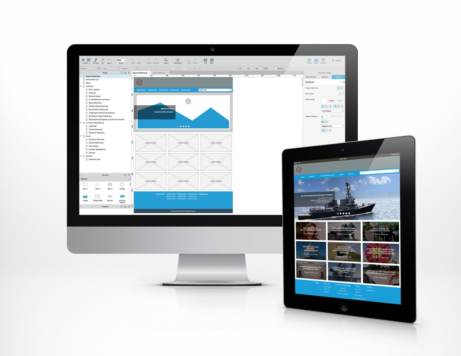 Desktop and tablet wireframes of a site layout shown side by side