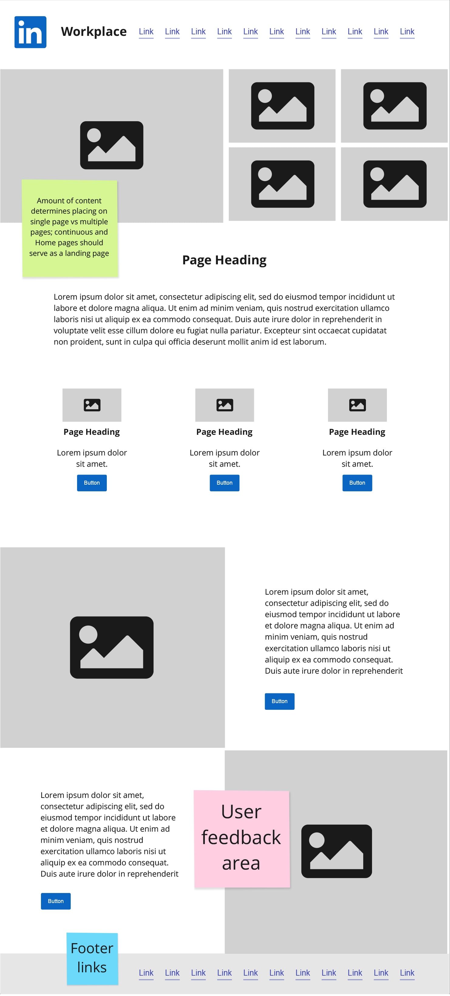 A greyscale wireframe of the intranet homepage with three placeholder cards and a heading