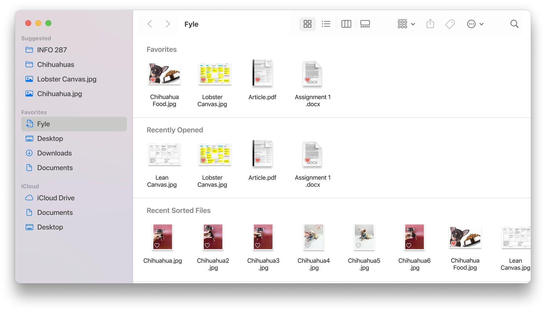 A Fyle tab integrated into the macOS Finder sidebar showing recently sorted and favourited files