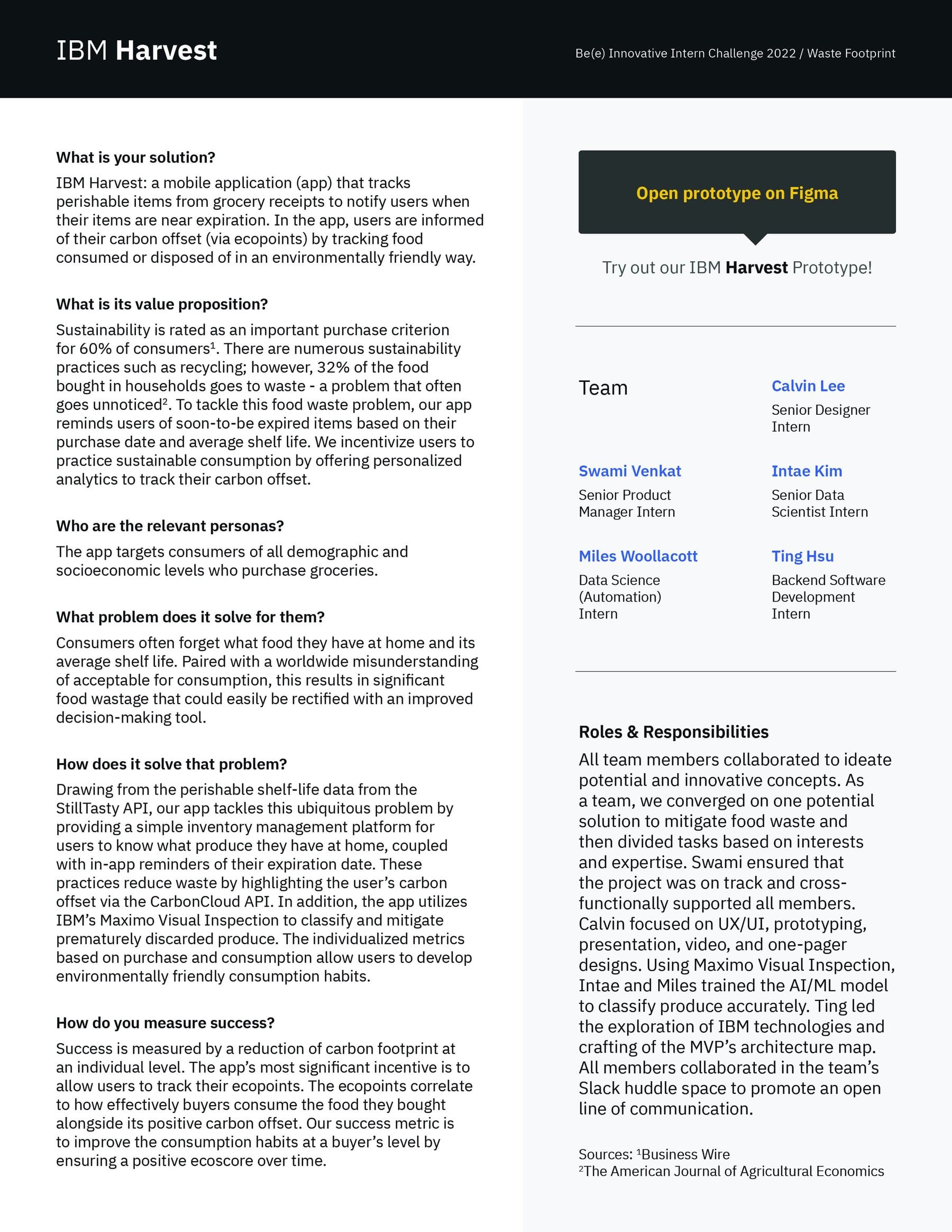 The IBM Harvest proposal layout presenting the product concept and its intended user