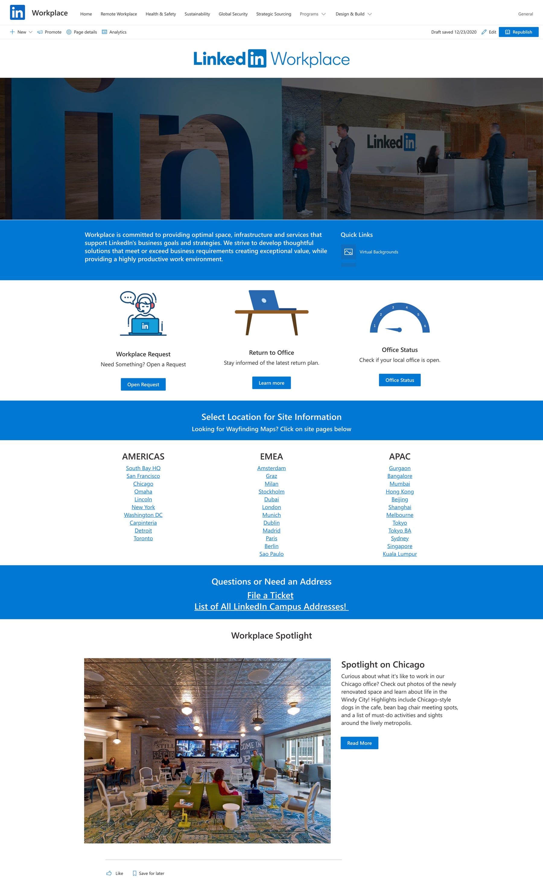 The previous intranet homepage, dense with links and a wall of office locations