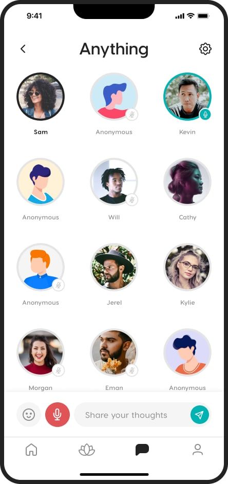 A Zeniversity group room called Anything, showing a grid of participant avatars with muted microphone badges, several labeled Anonymous, and a field to share your thoughts