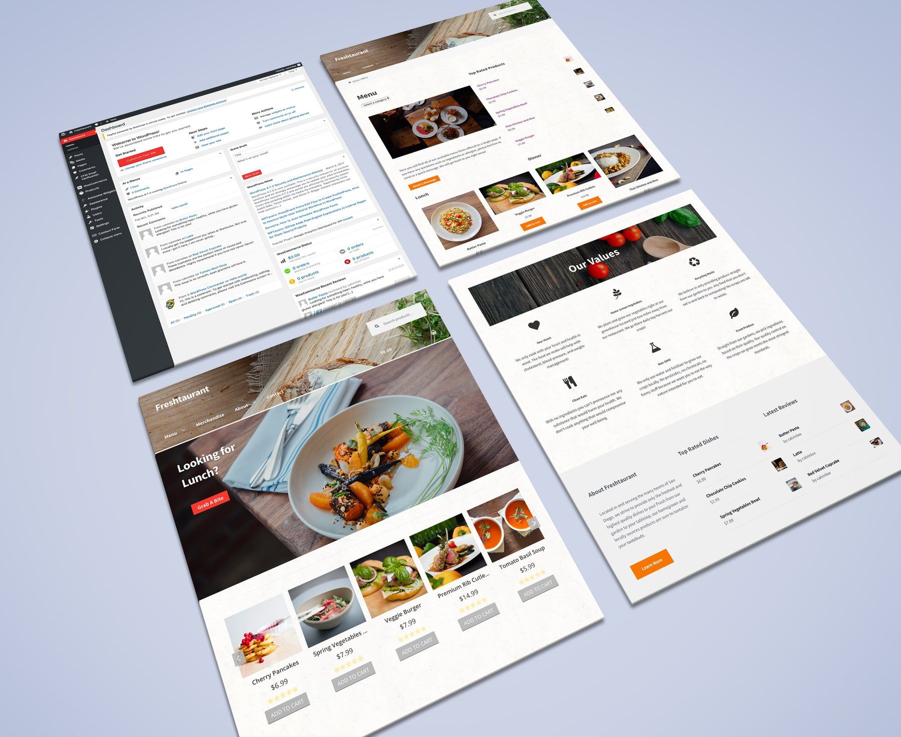 Finished responsive website pages for a restaurant client, shown at an angle