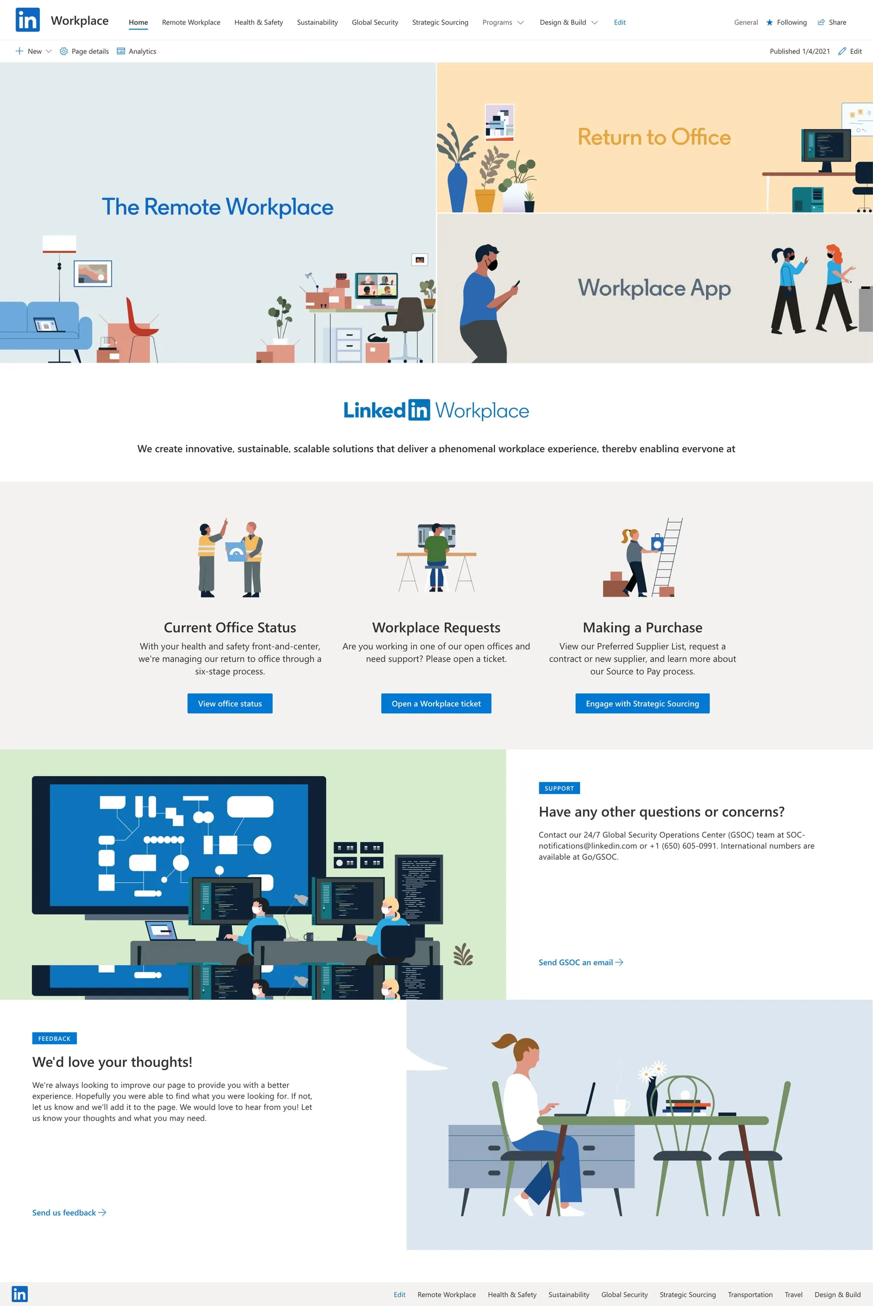 Redesigned LinkedIn Workplace intranet homepage with three clear task entry points