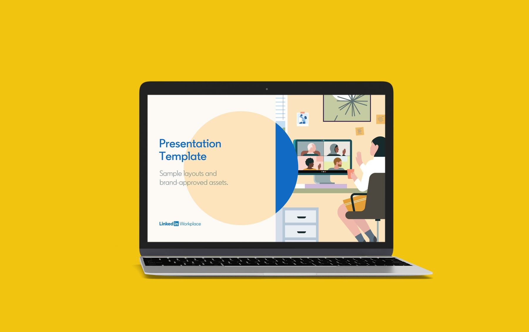 Presentation template cover slide with brand illustration and preset placeholder text