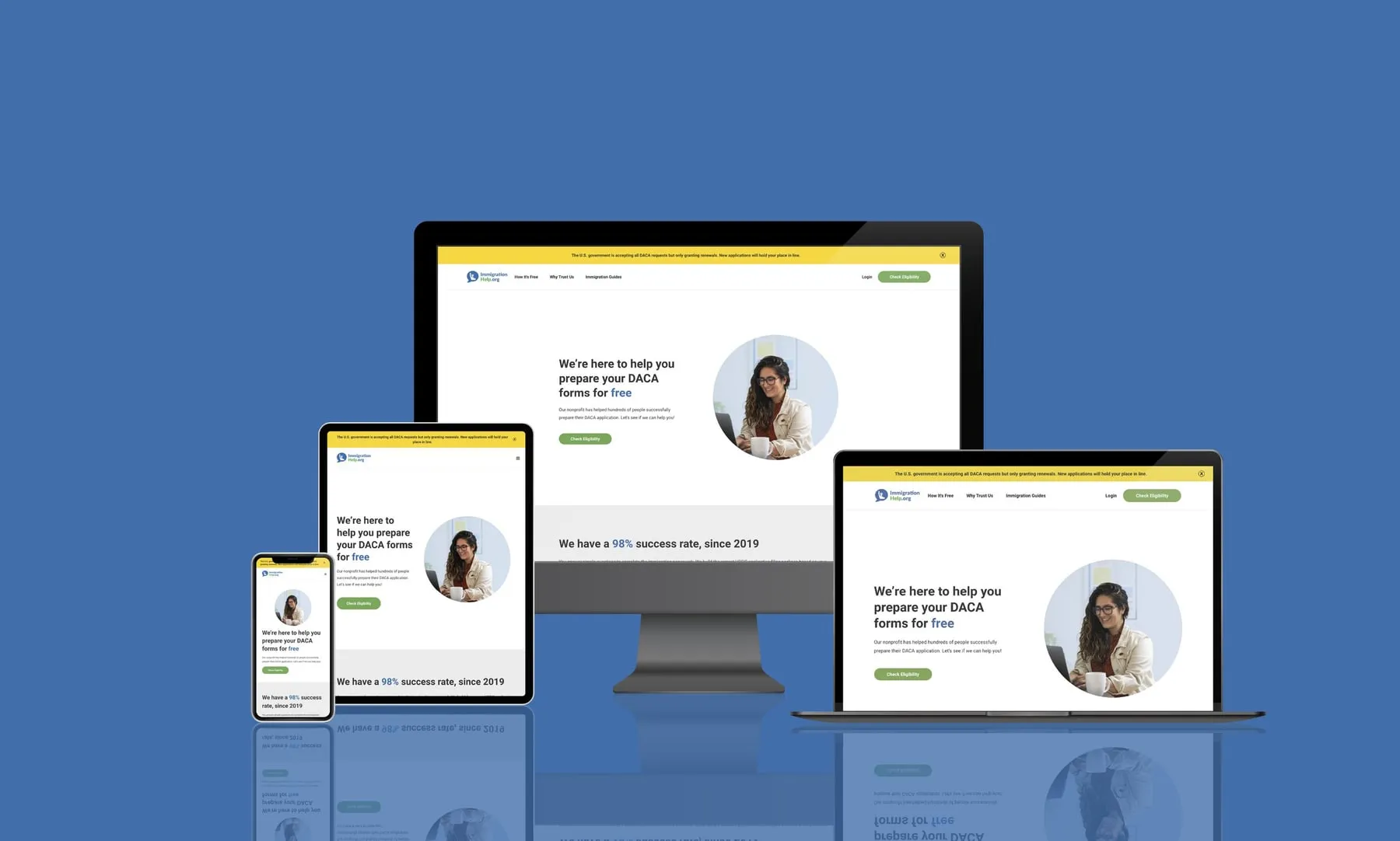 The redesigned ImmigrationHelp.org homepage shown across desktop, laptop, tablet, and mobile