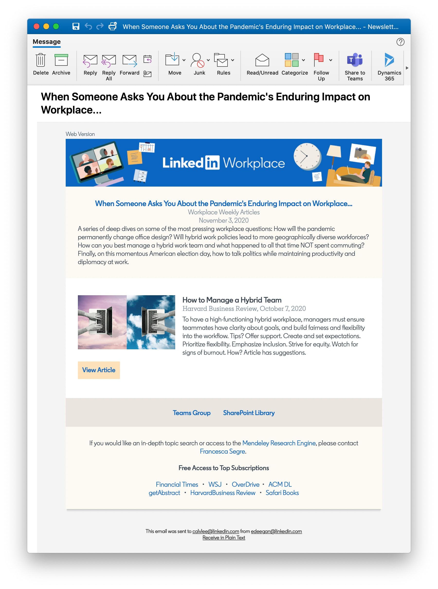 The delivered internal newsletter rendering correctly with article cards, images, and links
