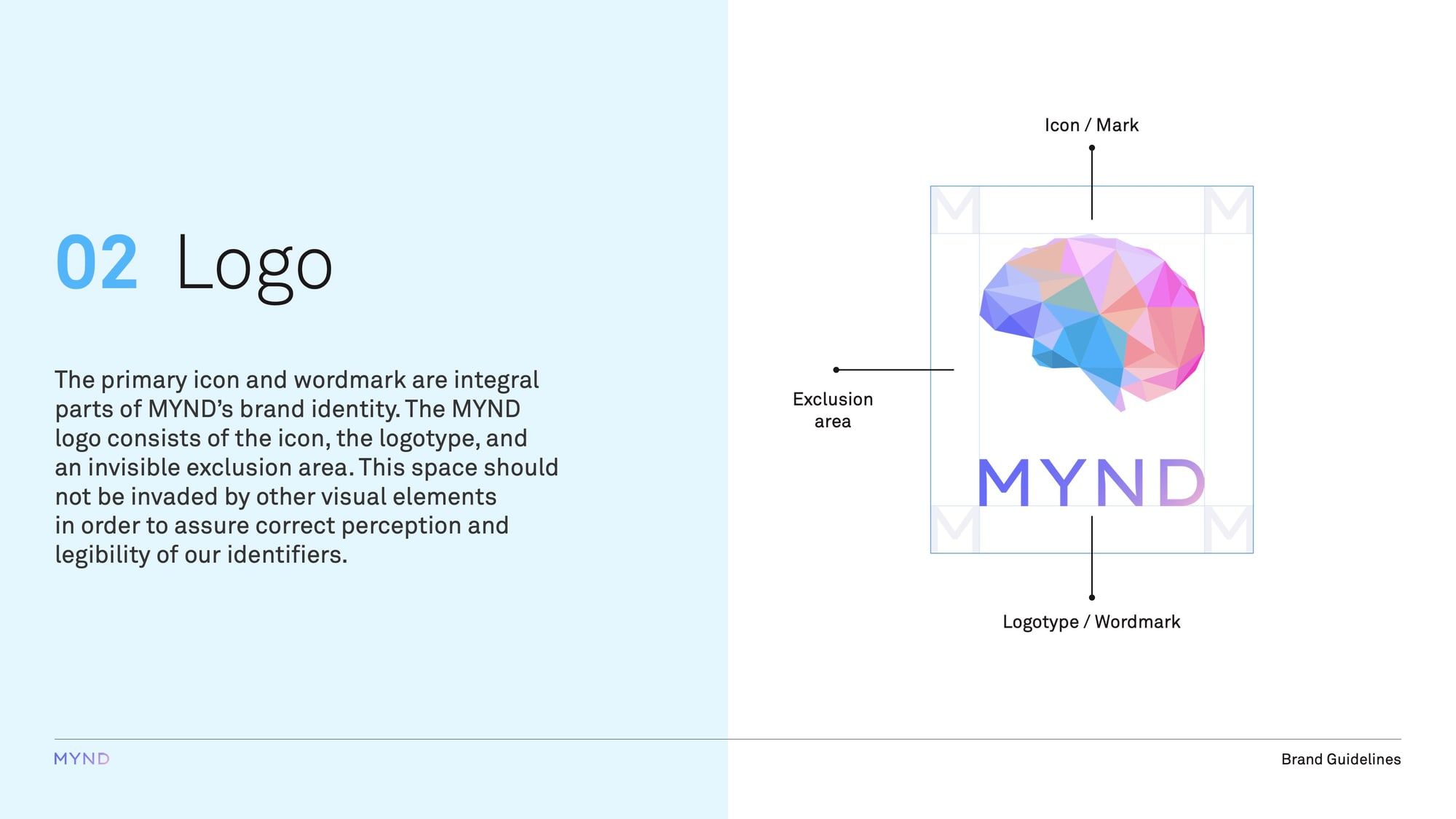 A page from the MYND brand guidelines specifying the logo, its exclusion area, and the icon and wordmark relationship