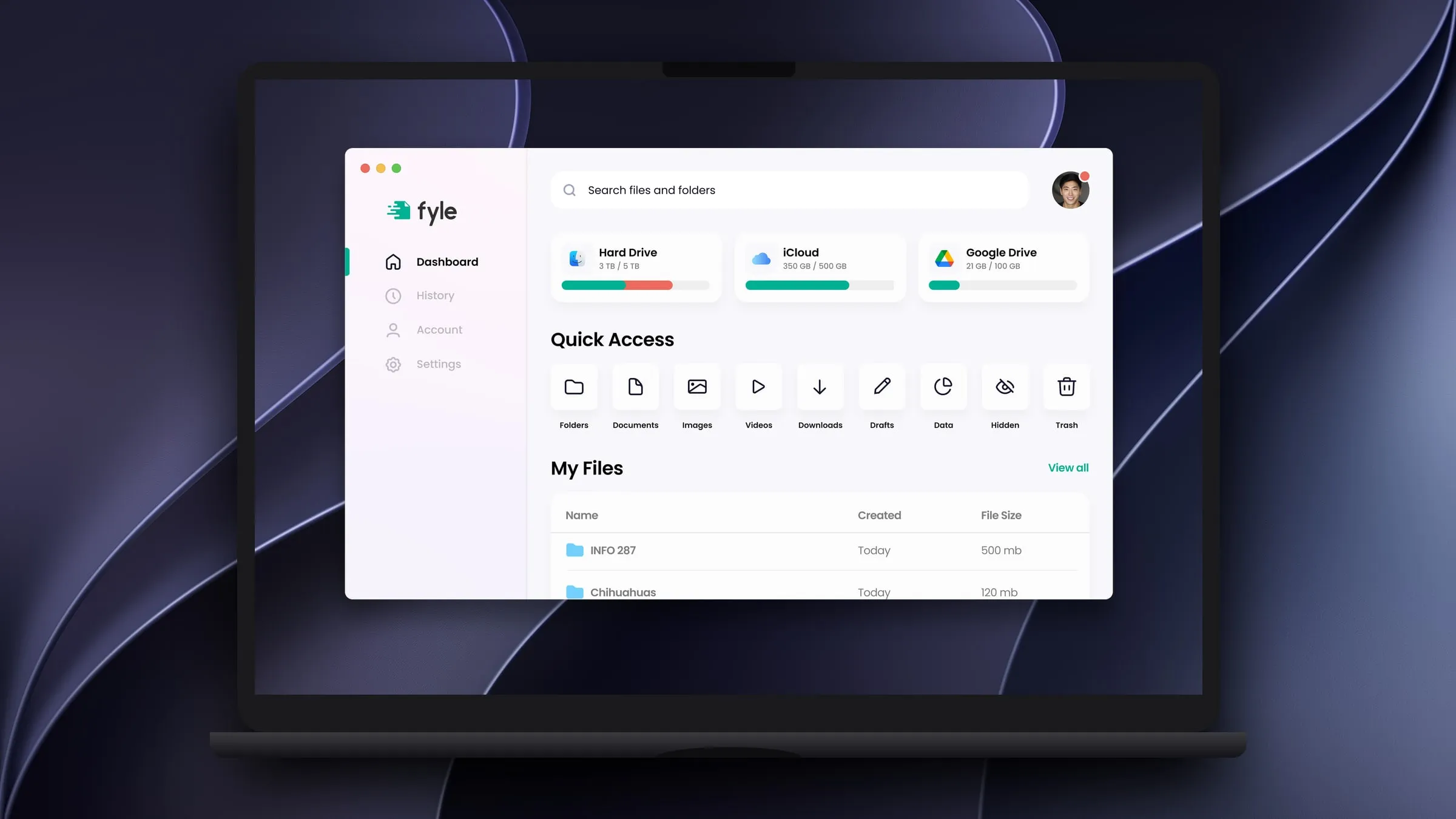 The Fyle desktop application on a MacBook Pro, showing connected drives and an organized file collection