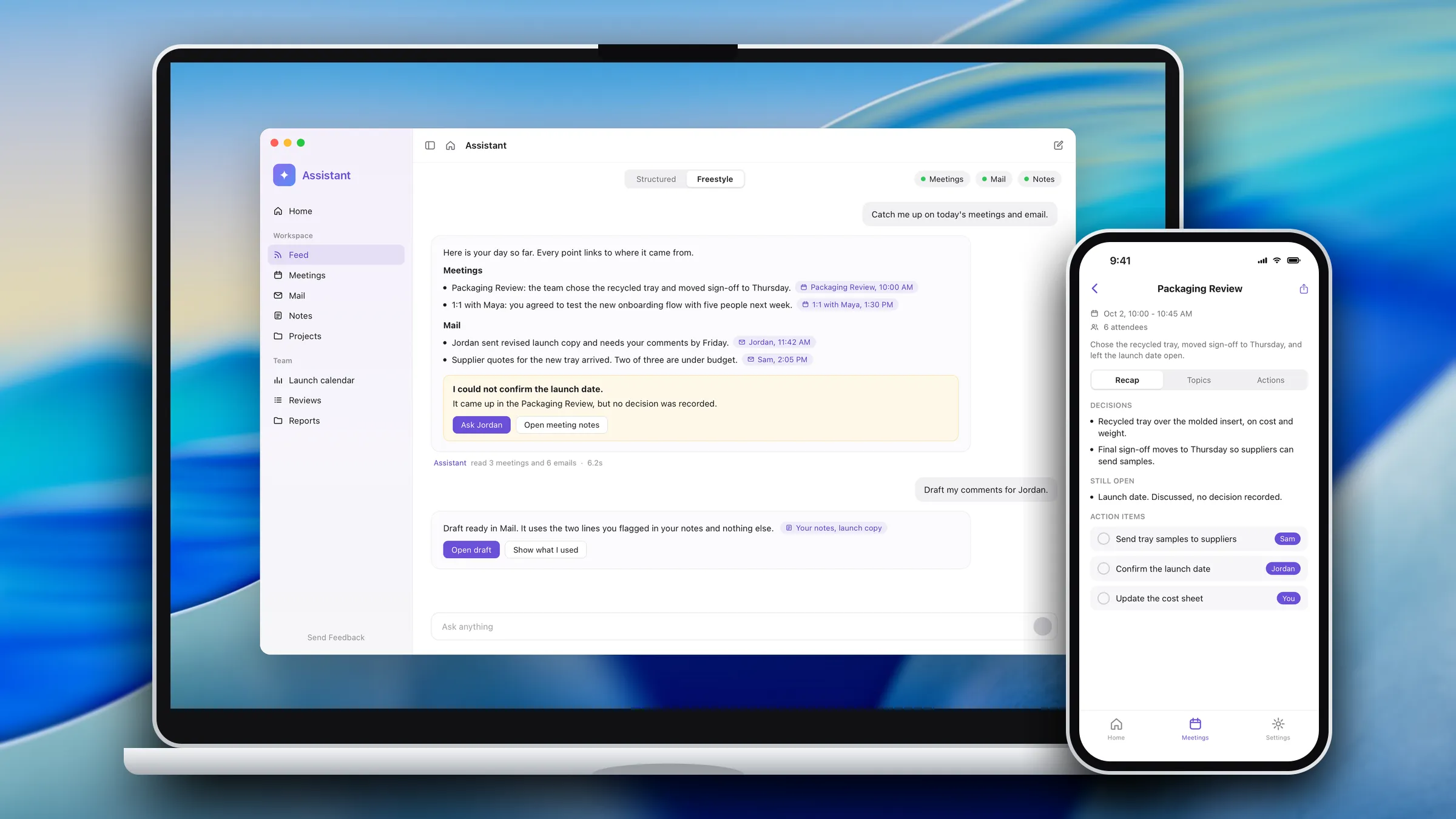 A MacBook showing the assistant summarizing a day of meetings and mail, each point citing its source, beside an iPhone showing a meeting recap, all with sample content