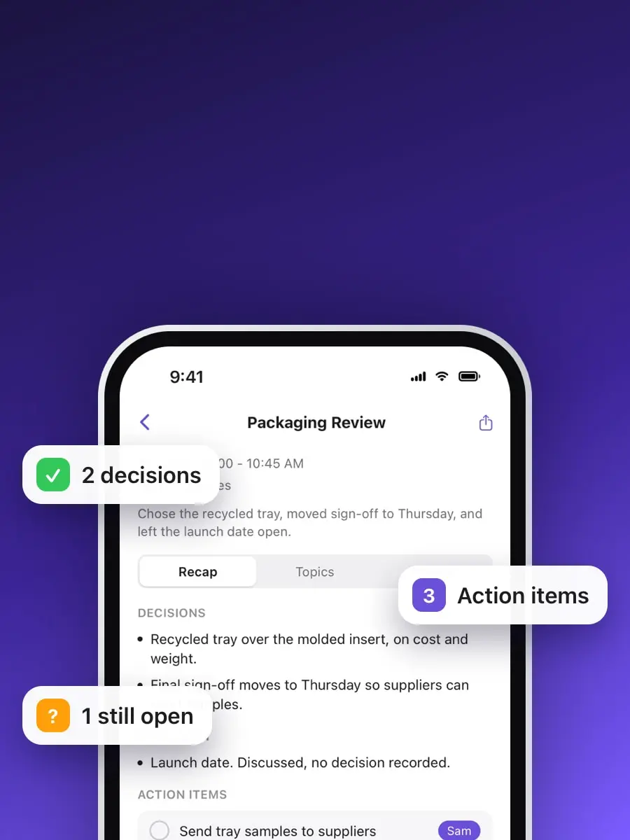 A live meeting transcript above an iPhone showing the AI recap with decisions, an open question and owned action items, sample content