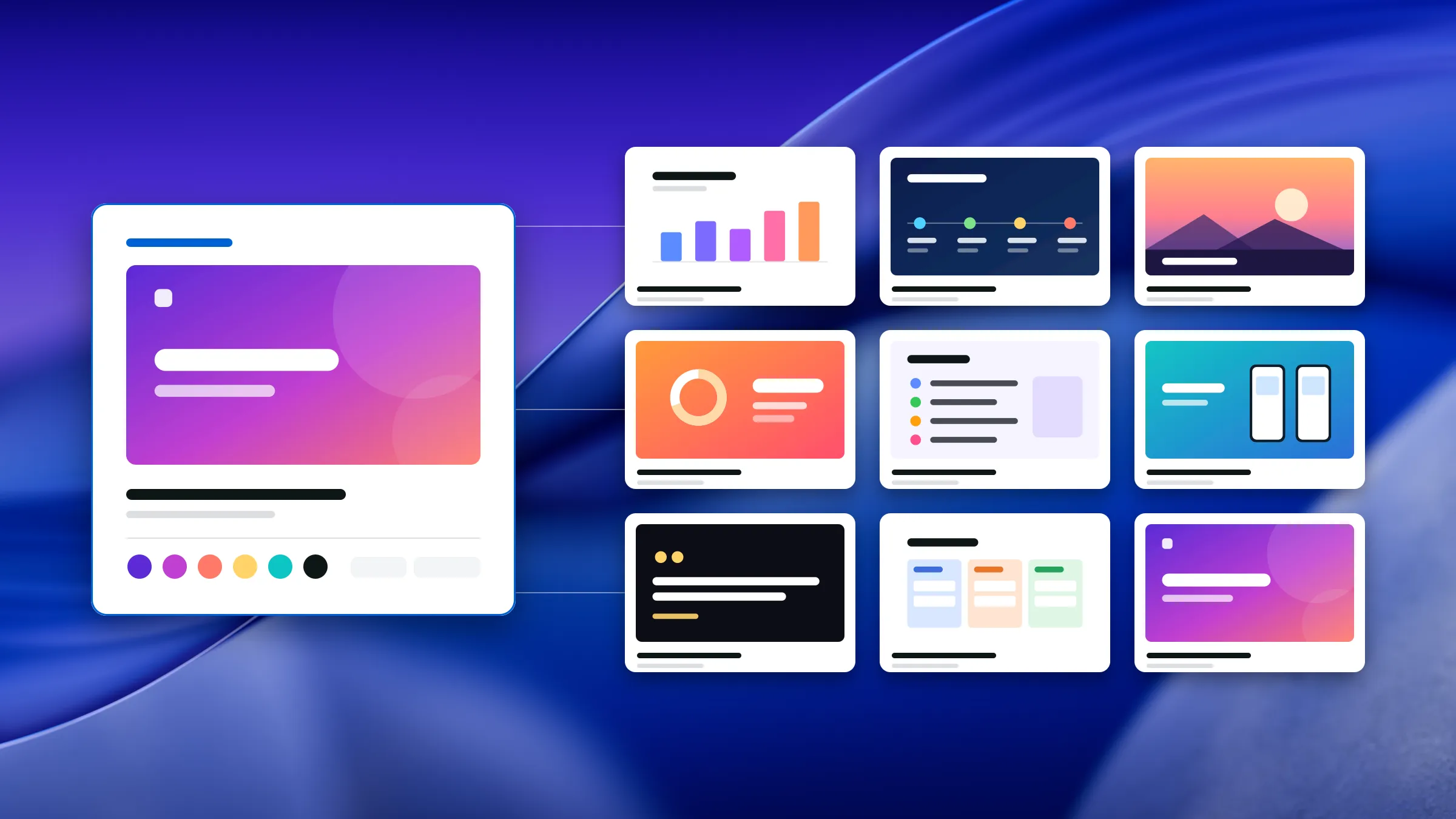 A deck template beside a grid of nine sample slide layouts in different colors, standing in for a Keynote template library