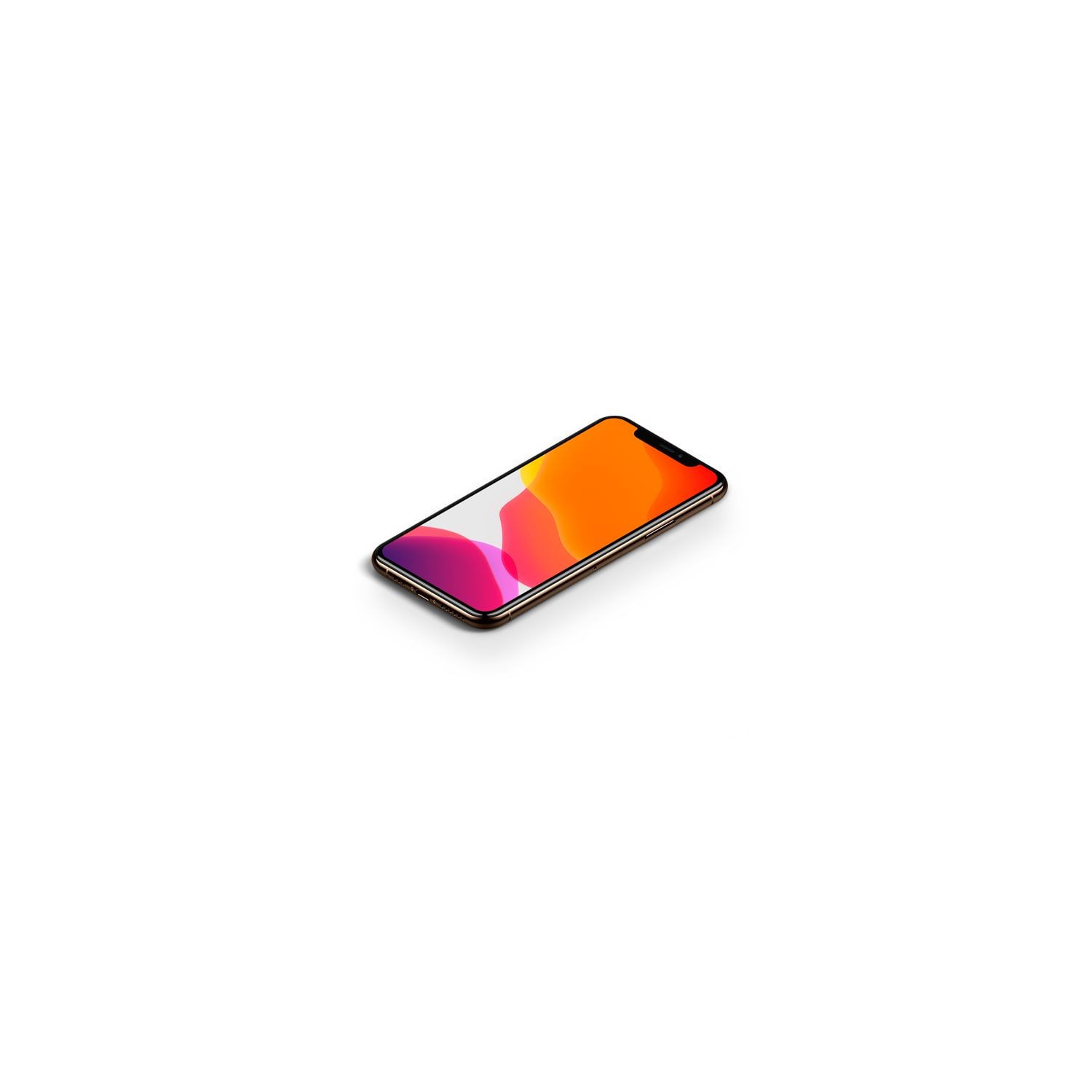 iPhone 11 Pro shown at a three-quarter angle with a gradient wallpaper, rendered at launch finish