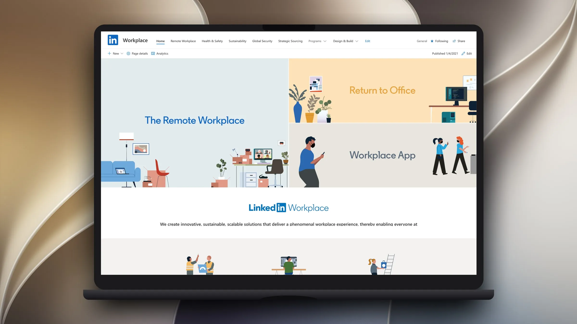 The redesigned LinkedIn Workplace intranet homepage on a MacBook Pro, with three clear task entry points