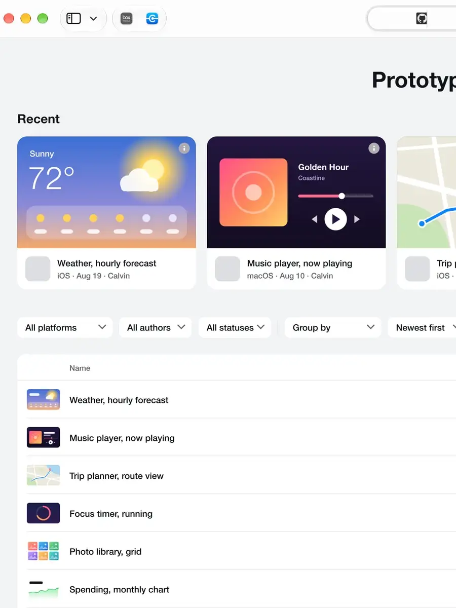 A prototype library page with colorful recent prototypes, a weather app and a music player, above a sortable list, sample content