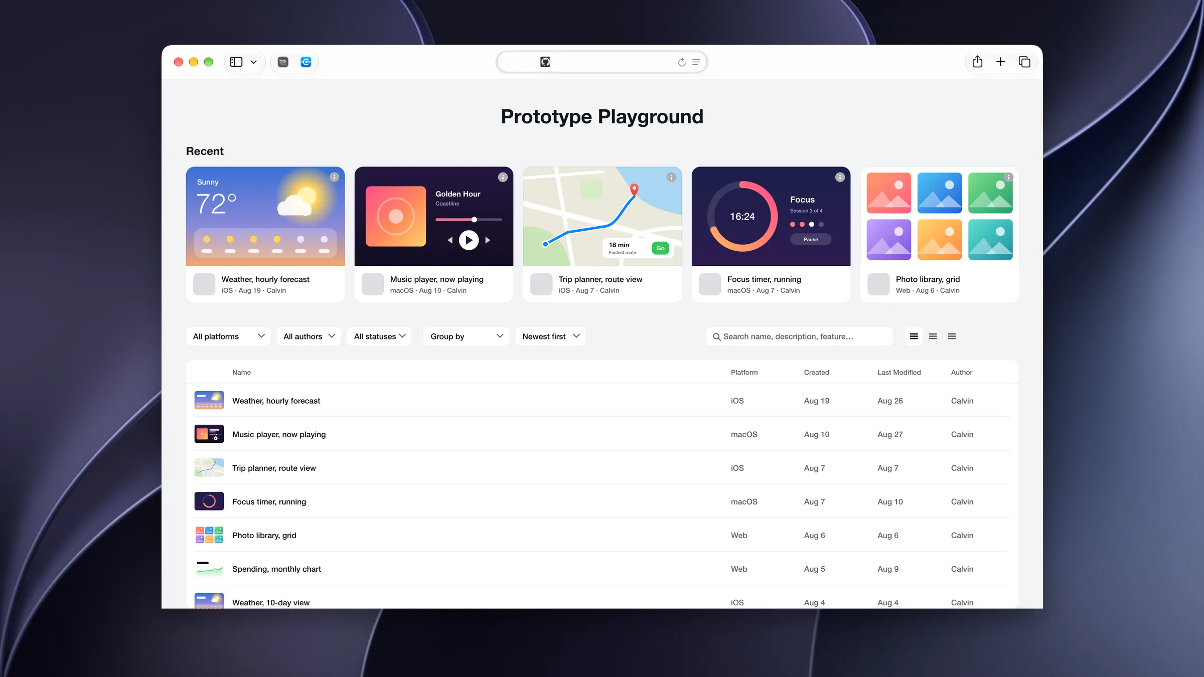 A prototype library open in Safari with sample prototypes: a row of recent cards, including a weather app and a music player, above filters and a sortable list