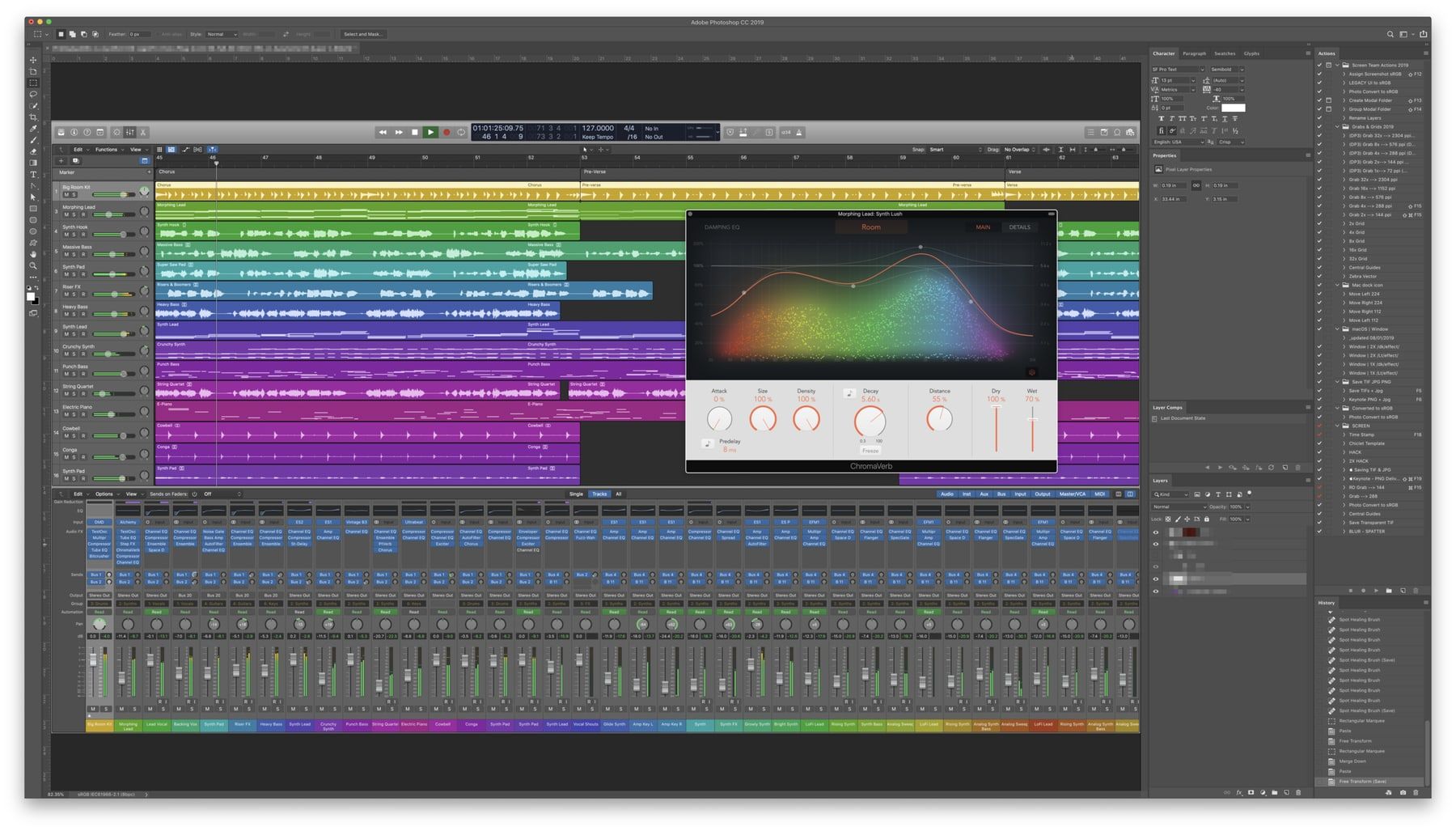 A Photoshop workspace with a deep layer stack and a colour picker open over a masked product image