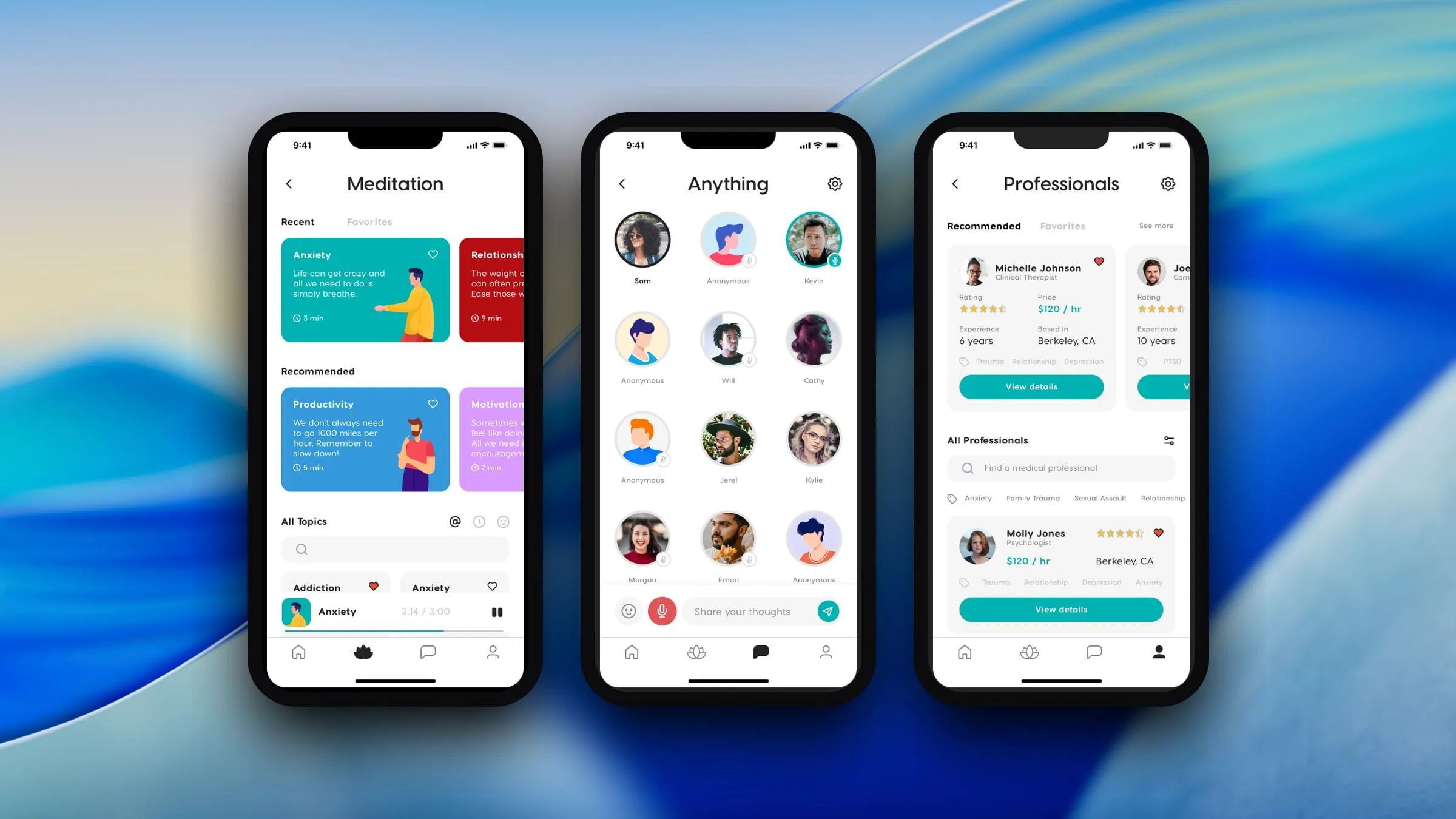 Four Zeniversity phone screens side by side, showing meditation tracks, a group room of participant avatars, a list of therapists, and a camera view detecting a smile
