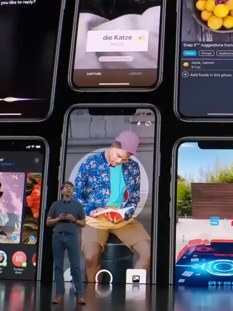 Apple’s 2019 keynote stage, a wall of iPhone screens running apps built on the A13 Bionic’s machine learning accelerators