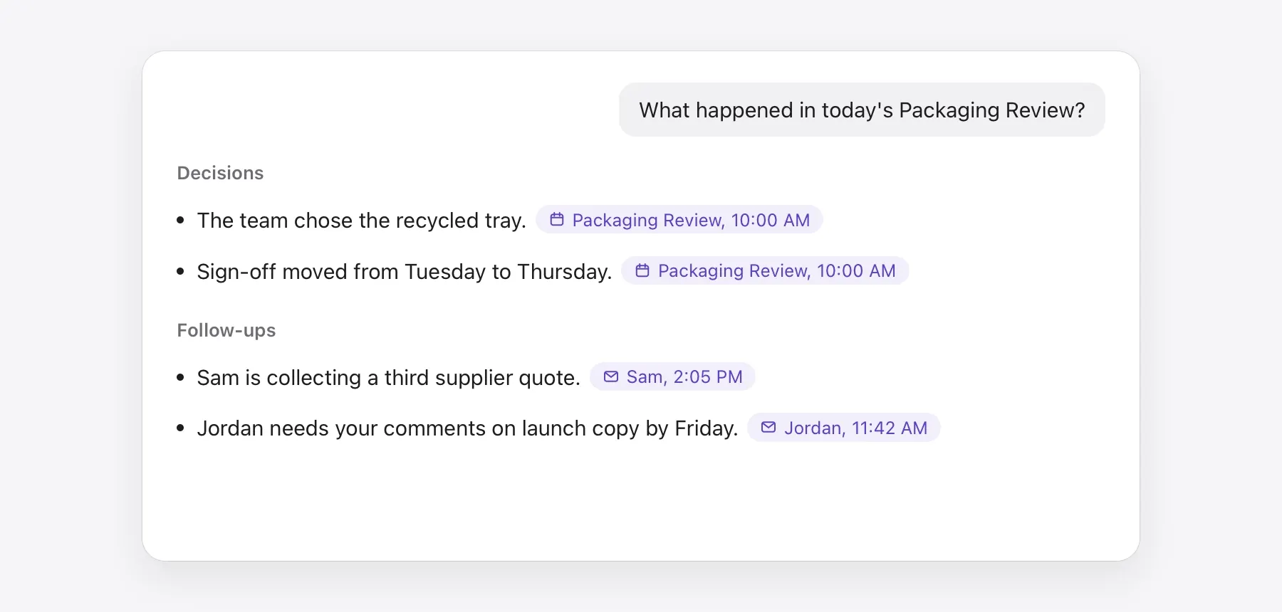 An answer listing decisions from a packaging review, each with a source chip. A pointer clicks the first chip and a popover opens, quoting the exact line from the meeting transcript with that line highlighted, and buttons to open the transcript or copy the quote.